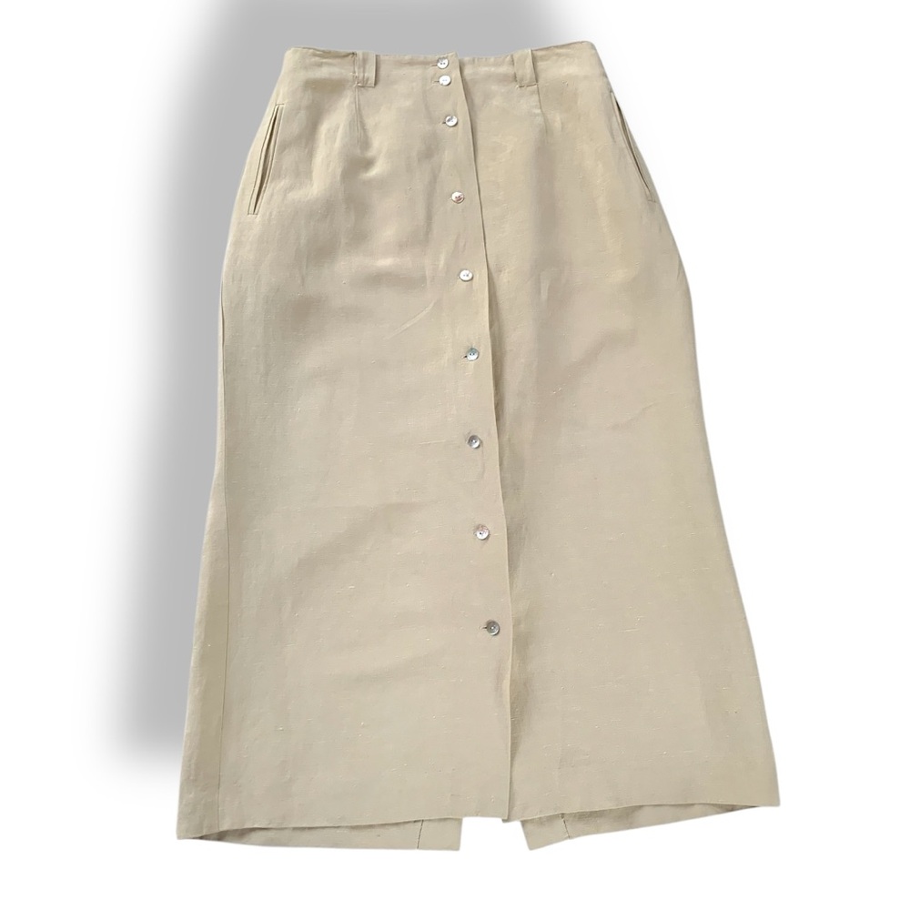 Rafaella Silk Linen Blend Button Front Midi Skirt Tan Size 12